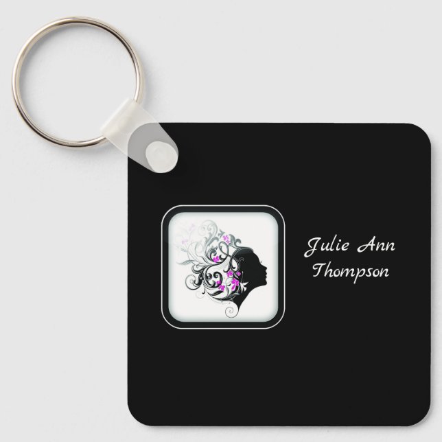 Chic Black and White Silhouette Hair Stylist  Nyckelring (Framsida)