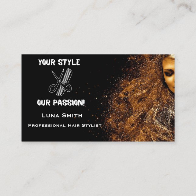 Chic Black background Hairstylist Business Card Visitkort (Framsida)
