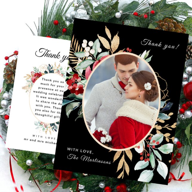 Chic Black Blommigt Tack Message Bröllop Vykort (Skapare uppladdad)