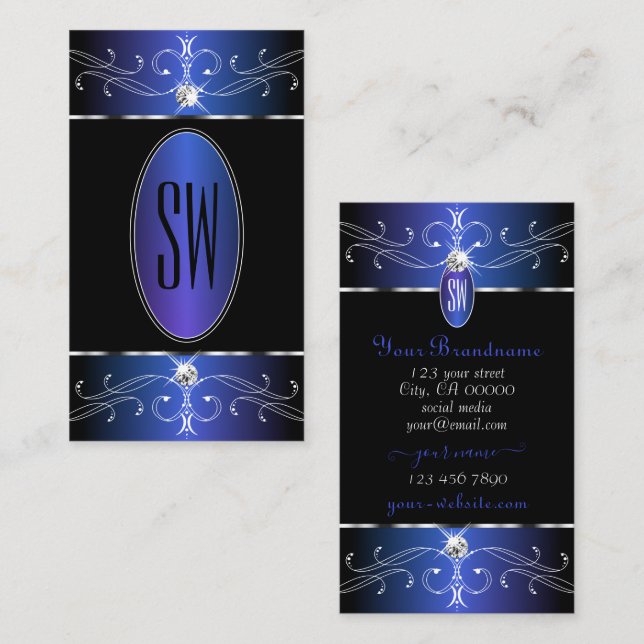 Chic Black Blue Lila Ornate Ornaments Initialer Visitkort (Fram/baksida)