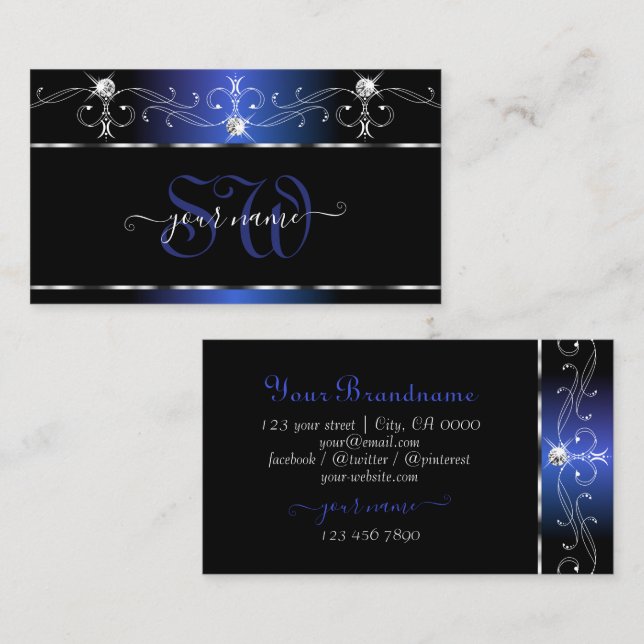 Chic Black Blue Squiggles Gnistra Jewels Monogram Visitkort (Fram/baksida)