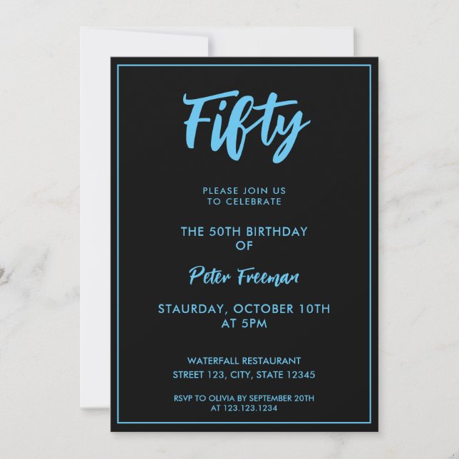 Chic Black & Blue Typography 50:e födelsedagen Inbjudningar (Framsida)