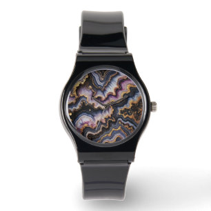 Chic Black Blue Violet Lila Guld Marble Mönster Armbandsur