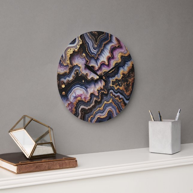 Chic Black Blue Violet Lila Guld Marble Mönster Stor Klocka (Kontor)