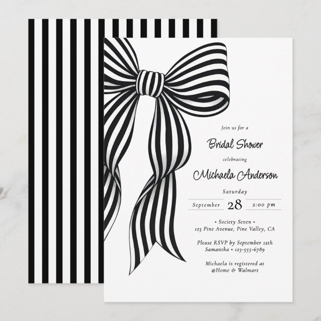Chic Black Coquette Bow Striped Bridal Shower Invi Inbjudningar (Fram/baksida)