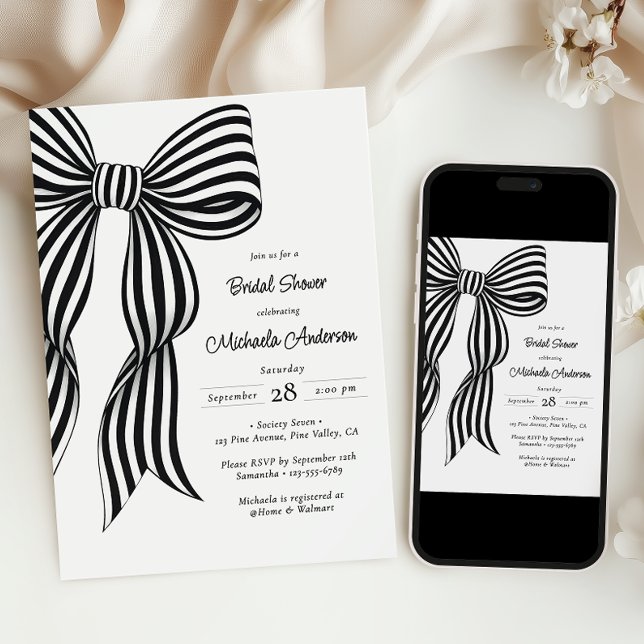 Chic Black Coquette Bow Striped Bridal Shower Invi Inbjudningar (Skapare uppladdad)