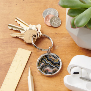 Chic Black Coral Rosa White Guld Marble Mönster Rund Silverfärgad Nyckelring