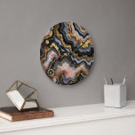 Chic Black Coral Rosa White Guld Marble Mönster Stor Klocka<br><div class="desc">Lägg till lite luft och sofistikering i väggen med den här häpnadsväckande väggklockan med svart, vitt, korallrött rosa och guld marmor vågkonst mönster. Den här väggklockan är gjord av högkvalitativ akryl som är hållbar, lätt och lätt att hänga. Du kan välja mellan olika storlekar och former till kostym på dina...</div>