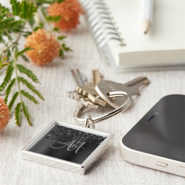 Chic Black Dripping Glitter Brushed Metall Monogra Fyrkantig Silverfärgad Nyckelring (Sidan)