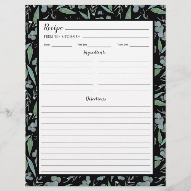 Chic Black Eucalyptus Mönster Recipe Binder Page (Framsida)