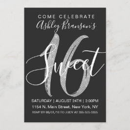 Chic Black Faux Silver Sequin Glitter Sweet 16 Inbjudningar