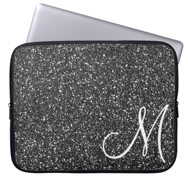 Chic Black Glitter Monogram Trendig Laptop Fodral (Framsidan)