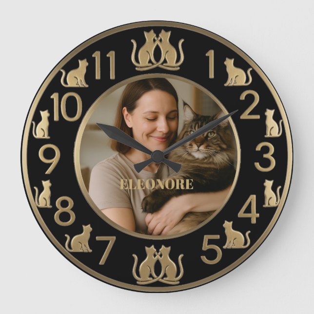 Chic Black & Gold Cat Lover's Wall Clock Stor Klocka (Framsida)