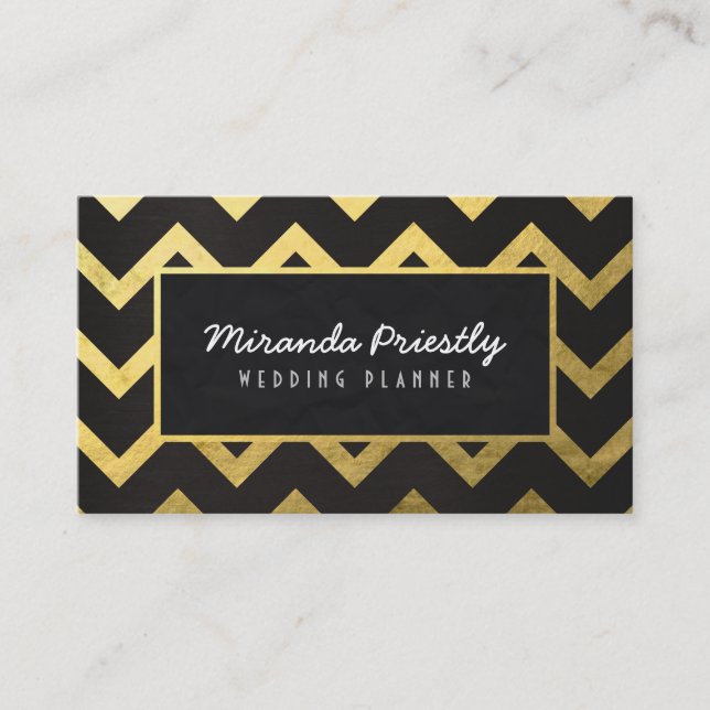 Chic Black Gold Foil Chevron Wave Rand Mönster Visitkort (Framsida)