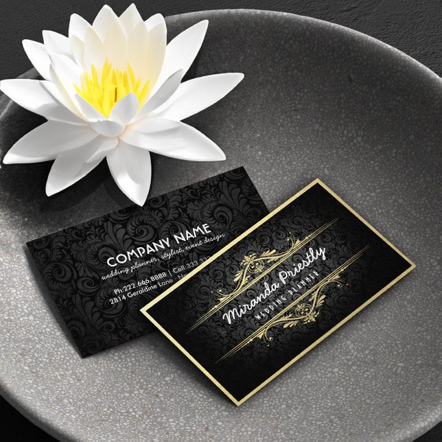 Chic Black Gold Foil Flora Damask bröllopsplan Visitkort (Skapare uppladdad)
