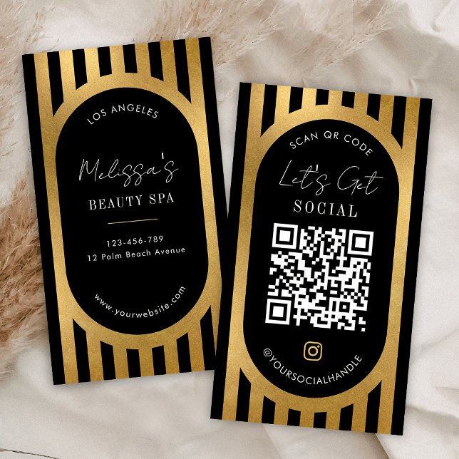Chic Black & Gold Stripes Social Media QR Code Visitkort (Skapare uppladdad)
