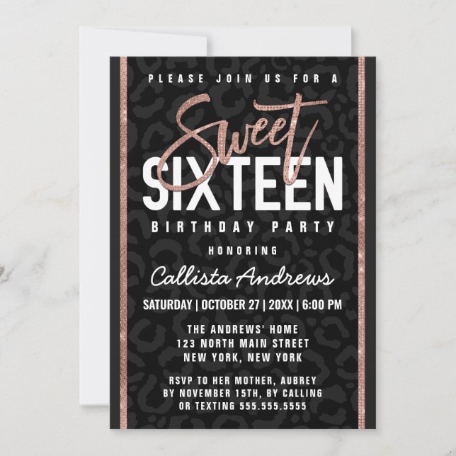 Chic Black Grått Ro Guld Glitter Cheetah Sweet 16 Inbjudningar (Framsida)