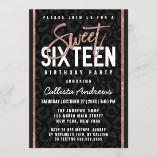 Chic Black Grått Ro Guld Glitter Cheetah Sweet 16 Inbjudningar