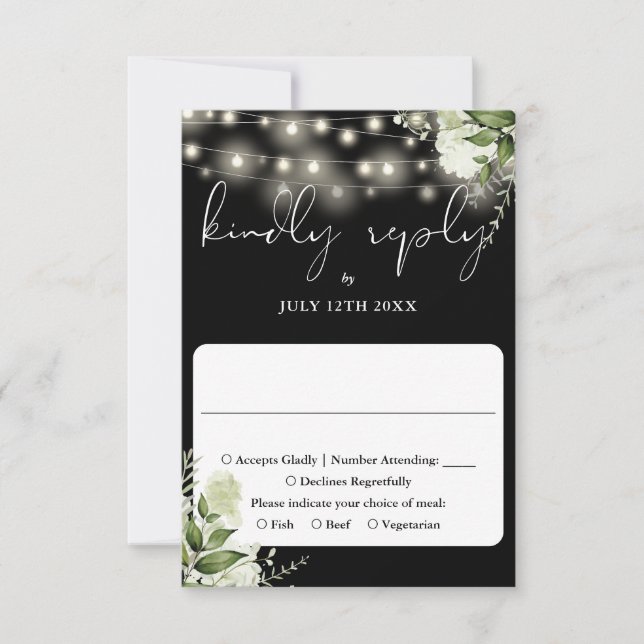 Chic Black Greenery Blommigt String Ljus Bröllop OSA Kort (Framsida)