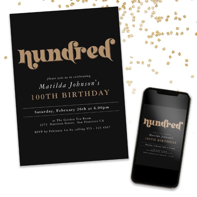 Chic Black Guld 100:e Födelsedagsfest inbjudan (Chic Black Gold 100th Birthday Party Invitation)