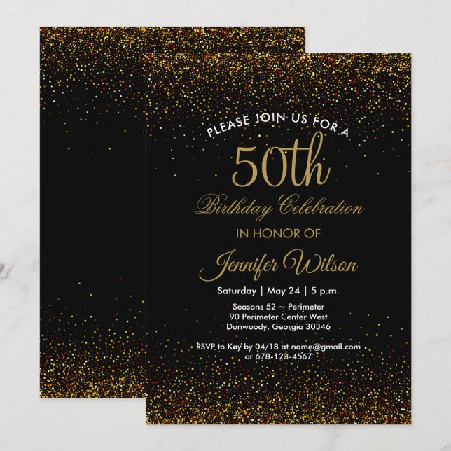 Chic Black & Guld 50:e födelsedagsinbjudan Inbjudningar (Fram/baksida)