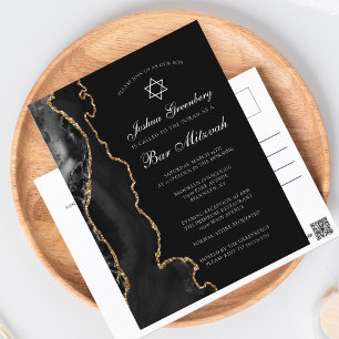 Chic Black Guld Agate Pub Mitzvah-partiets inbjuda Vykort