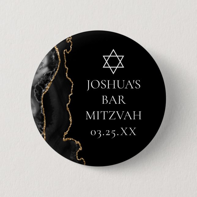 Chic Black Guld Agate Pub Mitzvah Party Knapp (Framsida)
