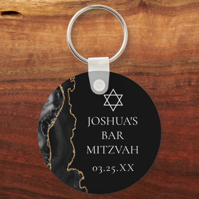 Chic Black Guld Agate Pub Mitzvah Party Nyckelring (Framsida)