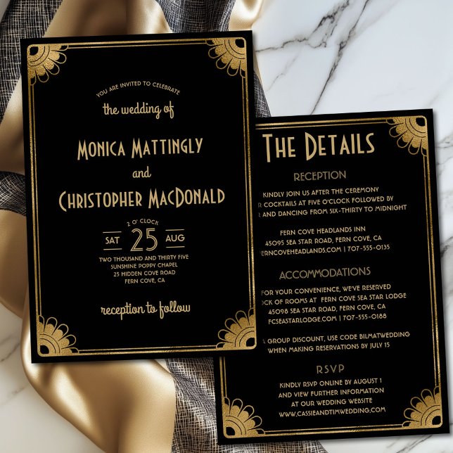 Chic Black Guld Art Deco Blommigt Allt-i-ett-Bröll Inbjudningar (Classy black and gold all-in-one art deco wedding invitation with details on back)