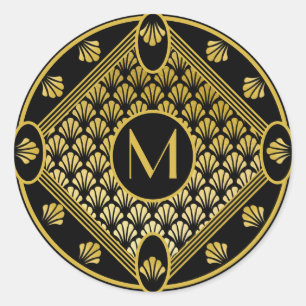 Chic Black & Guld Art Deco Fläkt Mönster Monogram Runt Klistermärke