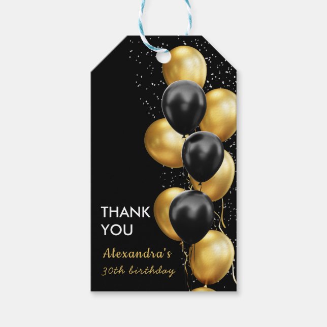 Chic Black Guld Balloon Birthday Presentetikett (Framsidan)