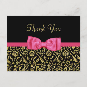 Chic Black Guld Blommigt Damask Rosa Bow Tack Vykort