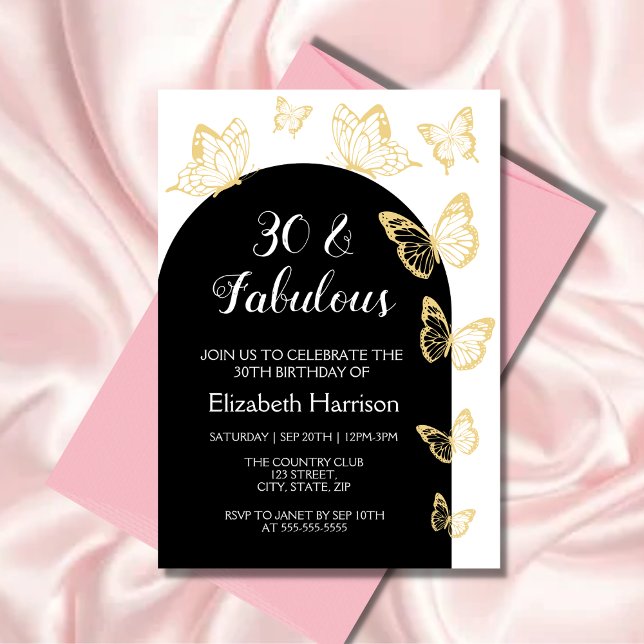 Chic Black Guld Butterflies Fabulous Birthday Inbjudningar (Skapare uppladdad)