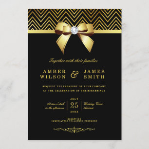 Chic Black Guld Chevrons Diamond Bow Bröllop Inbjudningar