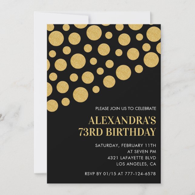 Chic Black Guld Confetti 73-årsdag Inbjudningar (Framsida)