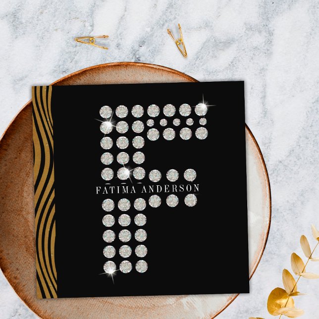 Chic Black Guld Diamond Initial F Monogram QR-kod Fyrkantigt Visitkort (Front)