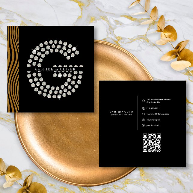Chic Black Guld Diamond Initial G Monogram QR-kod Fyrkantigt Visitkort (Skapare uppladdad)