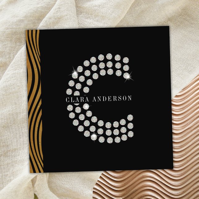 Chic Black Guld Diamond Inledande C Monogram QR-ko Fyrkantigt Visitkort (Front)
