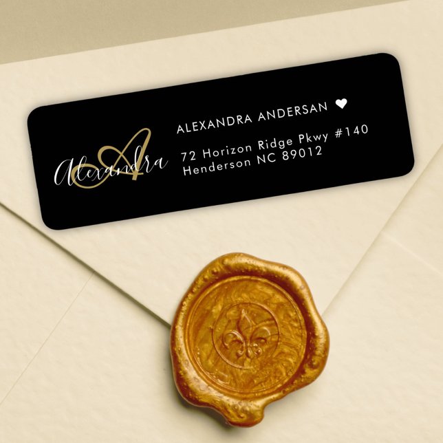 Chic Black Guld Elegant Monogram Returadress Etikett (Chic Black Gold Elegant Monogram Return Address Label)