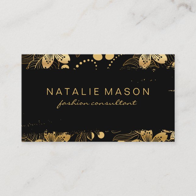 Chic Black Guld Flowers Visitkort (Framsida)