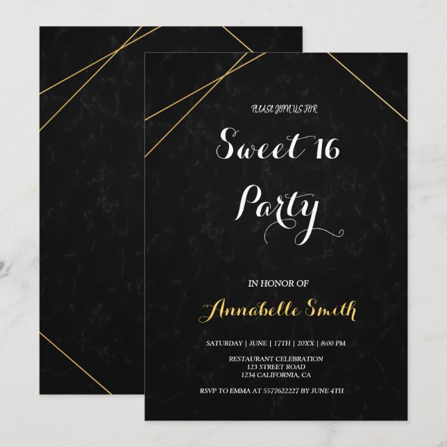 Chic Black & Guld Geometric ram 16 Inbjudningar (Fram/baksida)