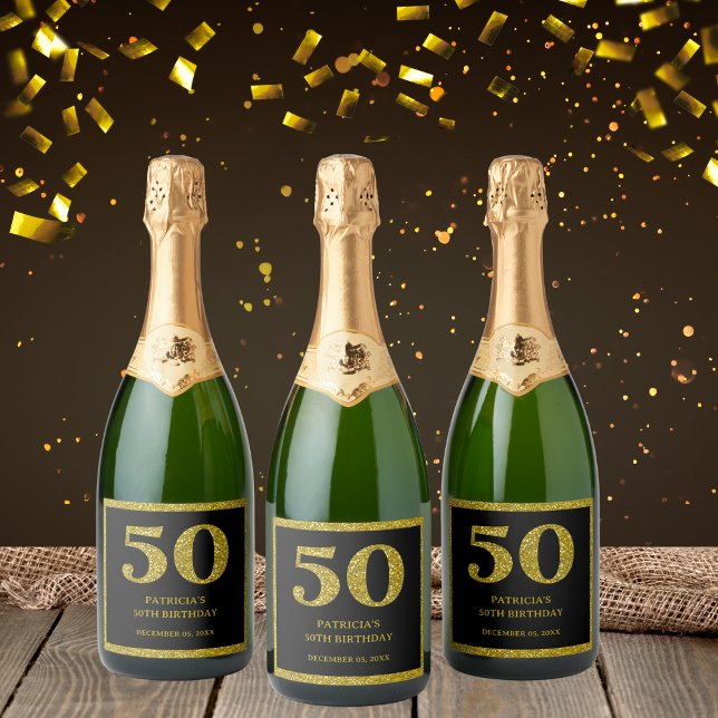 Chic Black & Guld Glitter 50:e födelsedagen (Chic Black & Gold Glitter 50th Birthday wine labels)