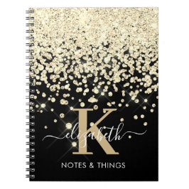 Chic Black Guld Glitter Diamond Monogrammed Anteckningsbok
