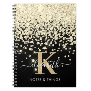 Chic Black Guld Glitter Diamond Monogrammed Anteckningsbok