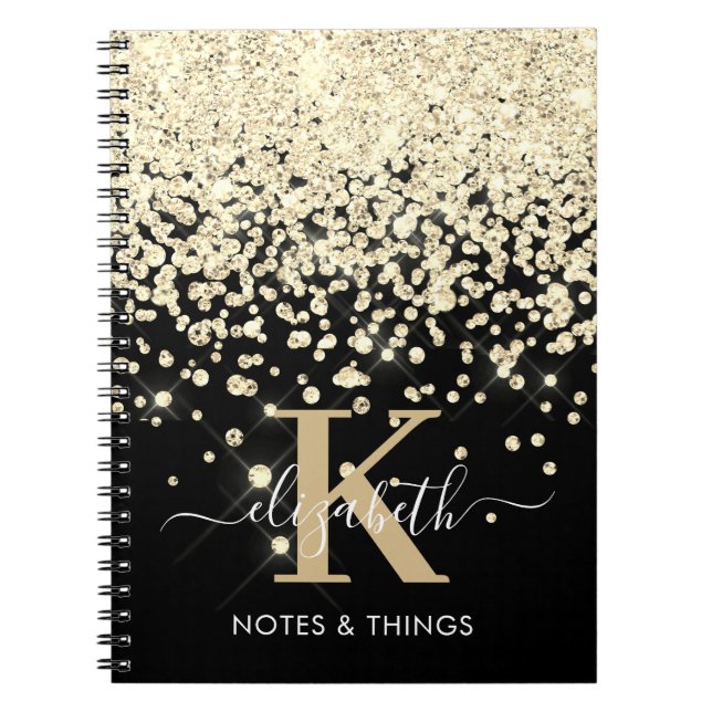 Chic Black Guld Glitter Diamond Monogrammed Anteckningsbok (Framsidan)