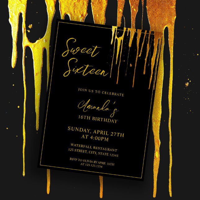 Chic Black & Guld Glitter Drips Sweet 16 Birthday Inbjudningar (Skapare uppladdad)