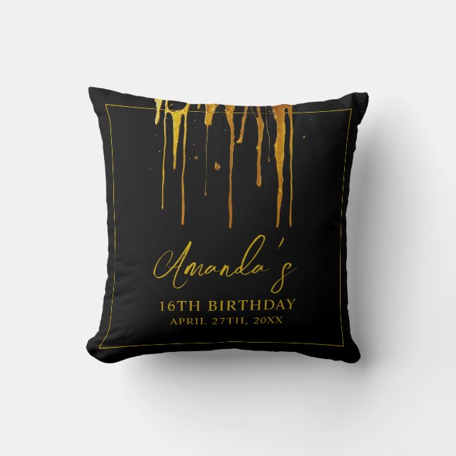Chic Black & Guld Glitter Drips Sweet 16 Birthday Kudde (Framsida)