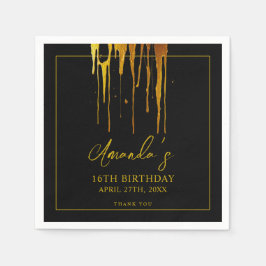 Chic Black & Guld Glitter Drips Sweet 16 Birthday Pappersservett