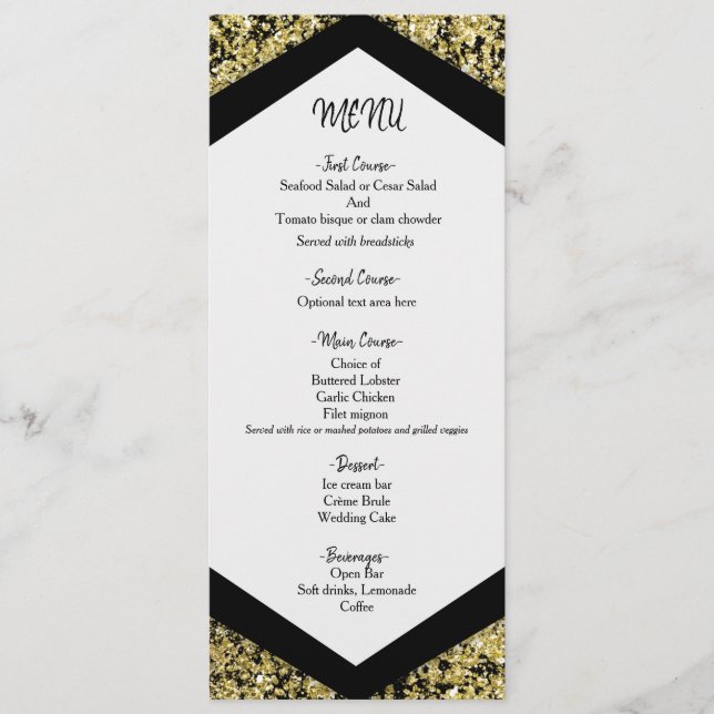 Chic Black & Guld Glitter Flakes Glam Bröllop Menu Meny (Framsida)