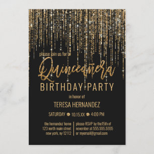 Chic Black Guld Glitter Fringe Curtain Quinceañera Inbjudningar